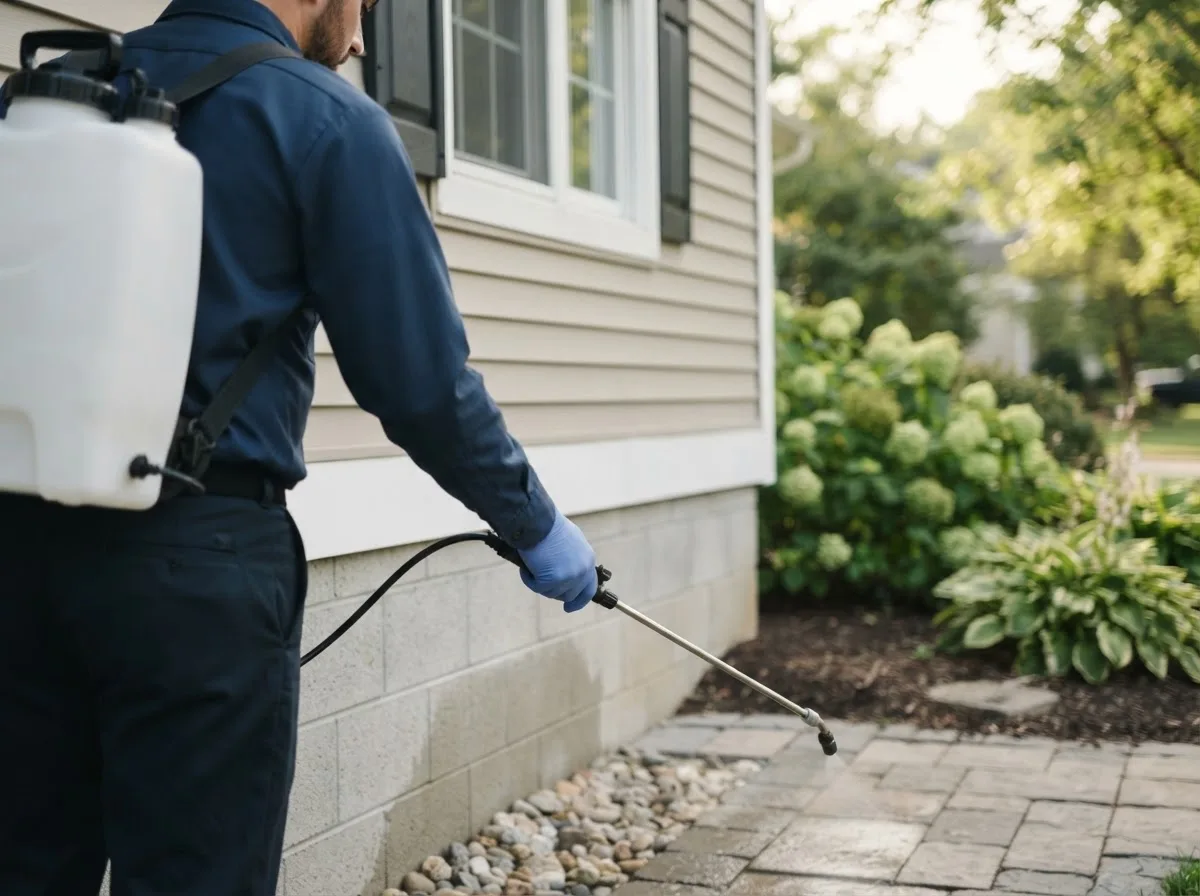 Pest control technician inspecting a home in Woodstock, MD